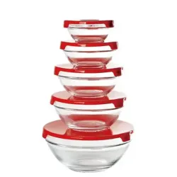 Conjunto 5 Potes Tigela Vidro Tampa Vermelho Class Home