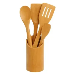 Jogo 4 colheres e espátula de madeira pau bambu grande