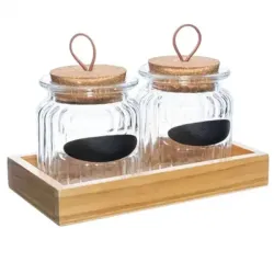 Conjunto 2 Porta Temperos Vidro 260ml Bandeja Madeira Lyor