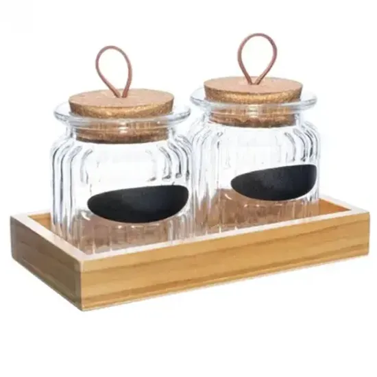 Conjunto 2 Porta Temperos Vidro 260ml Bandeja Madeira Lyor