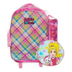 Kit Mochila de Rodinhas + Lancheira + Estojo Debie Pet Rosa