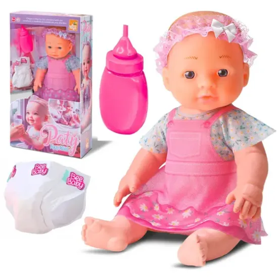 Paty Faz Xixi De Verdade Boneca Bebê Interativa Em Vinil Com Mamadeira E Fraldinha - Bee Toys