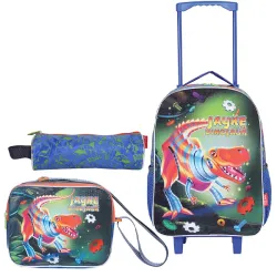 KIT MOCHILA INFANTIL MASCULINA COM CARRINHO 16'' + LANCHEIRA 10'' E ESTOJO JAYKE THE DINOSAUR