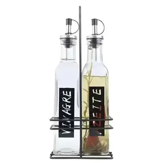 Conjunto Galheteiro 2 Garrafas para Azeite e Vinagre com Suporte 270ml