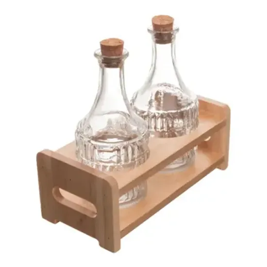 Jogo De 2 Garrafas Azeite e Vinagre180ml Suporte de Madeira Lyor