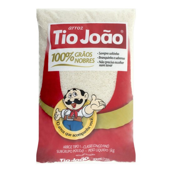 Arroz Polido Tipo 1 Tio João 100% Grãos Nobres Pacote 5kg